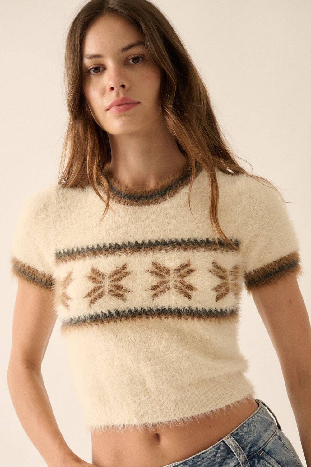 Alpine Fuzzy Knit Cropped Short-Sleeve Sweater