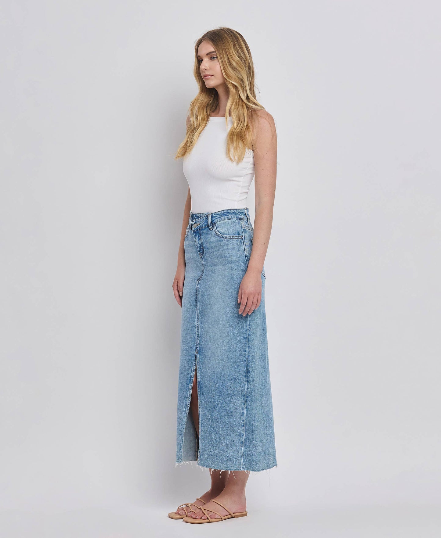 CRISS CROSS FRONT SLIT MAXI DENIM SKIRT T6490