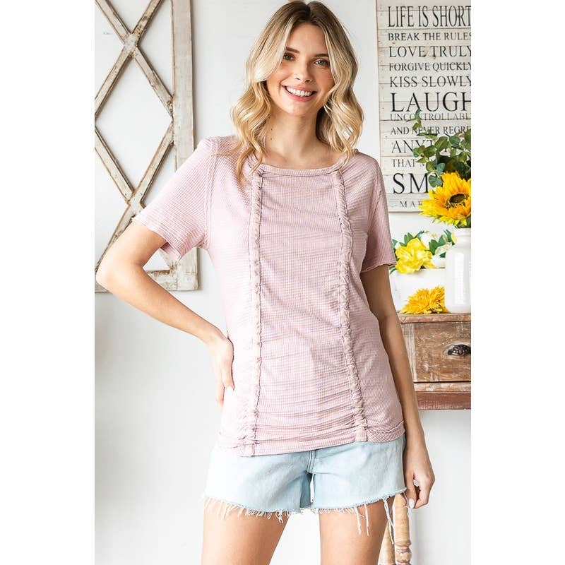 WASHED CINCHED SHORT SLEEVE KNIT TOP