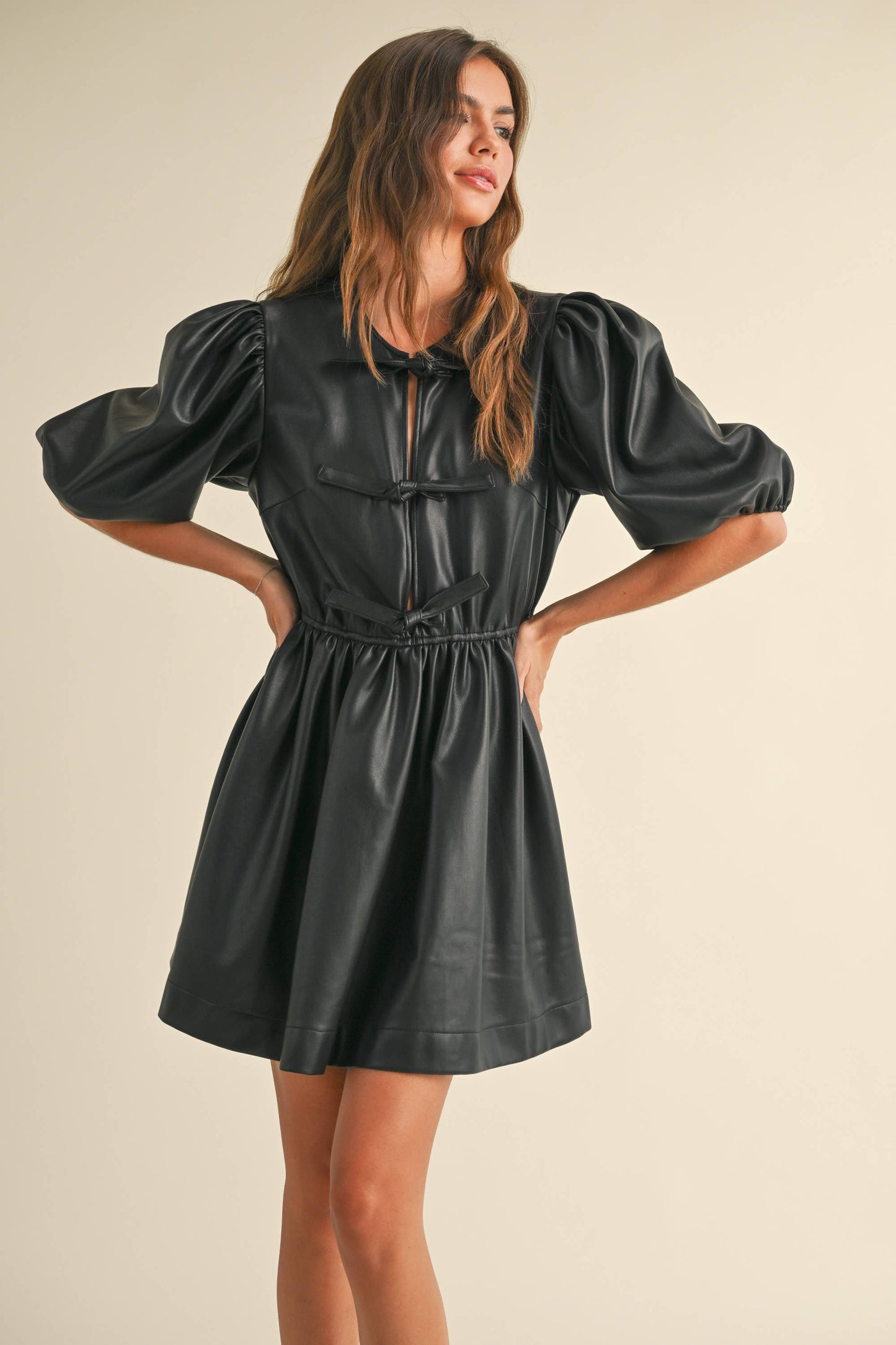 FAUX LEATHER TIED IN FRONT DRESS