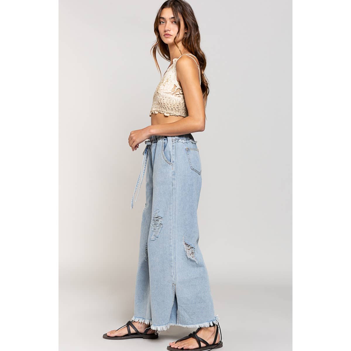 Wide leg drawstring elastic waist distressed denim pants