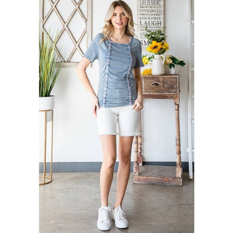 WASHED CINCHED SHORT SLEEVE KNIT TOP