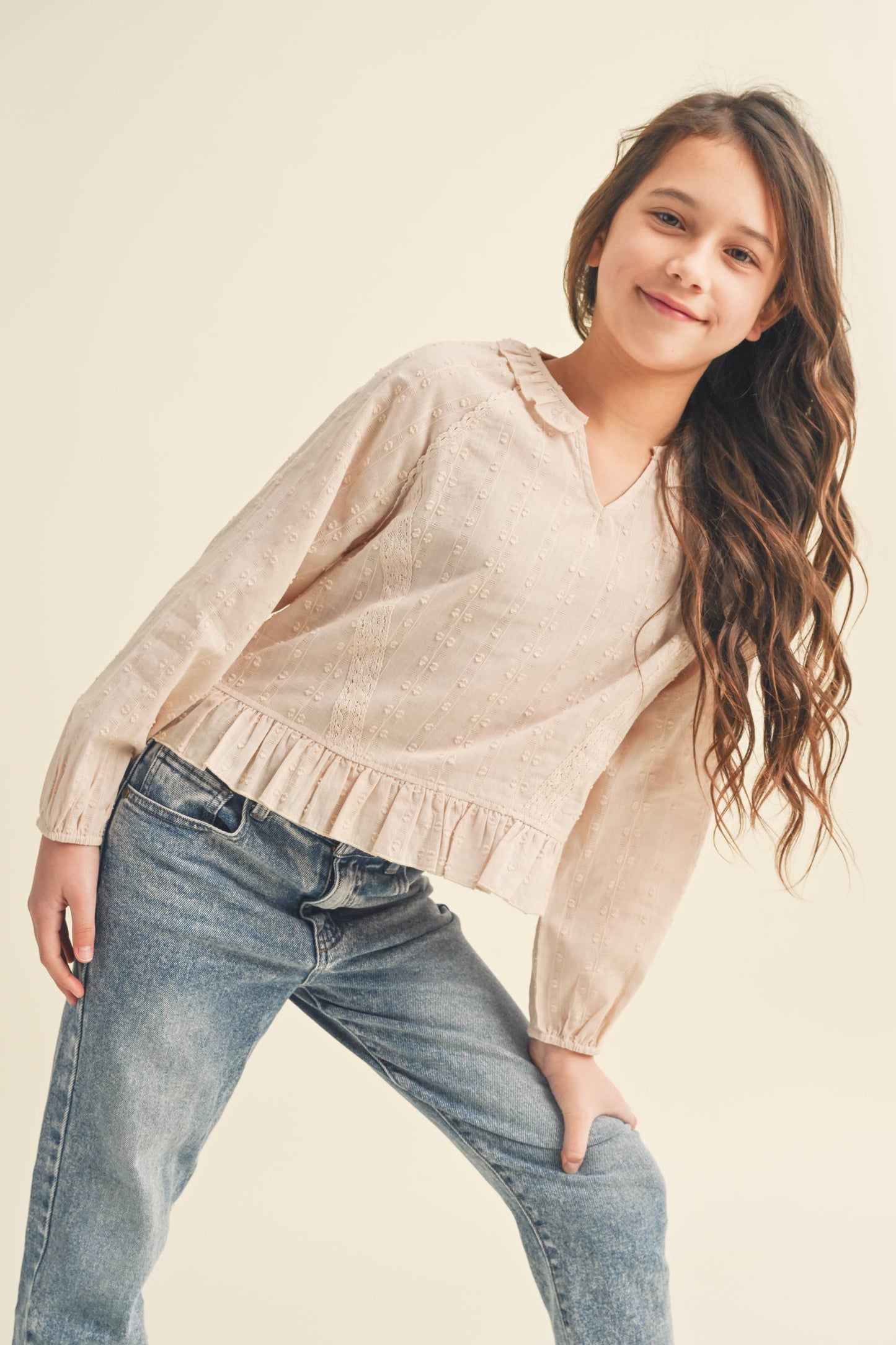 TWEEN KIDS GIRLS RAGLAN BLOUSE W/LACE TRIM