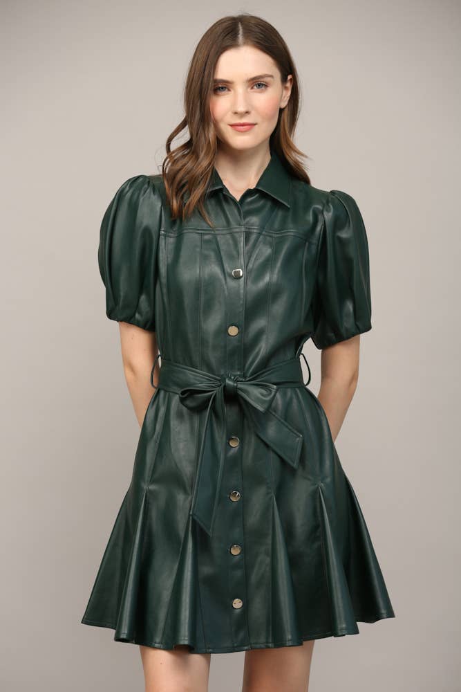 PANELLED FAUX LEATHER WAIST TIE PUFF SLEEVE FLARE DRESS