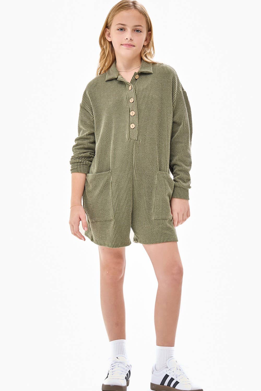 Embossed Rib Collared Button Up Romper