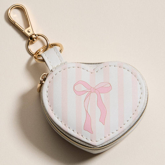 Heart-Shaped Jewelry Travel Case with Keychain – Pink Bow Stripe Design