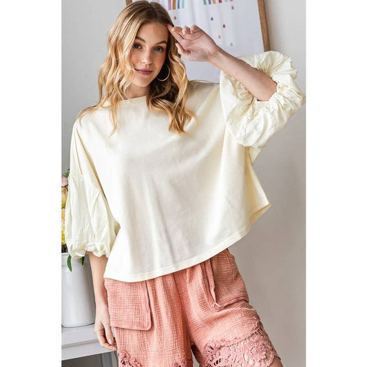 WASHED BUBBLE SHORT SLEEVE KNIT TOP