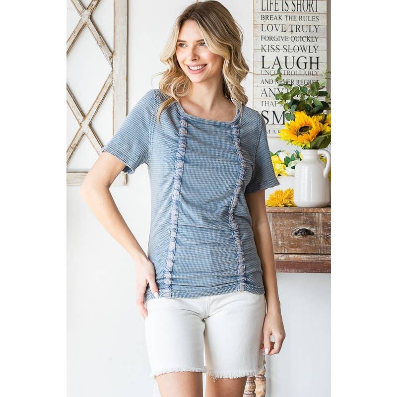 WASHED CINCHED SHORT SLEEVE KNIT TOP