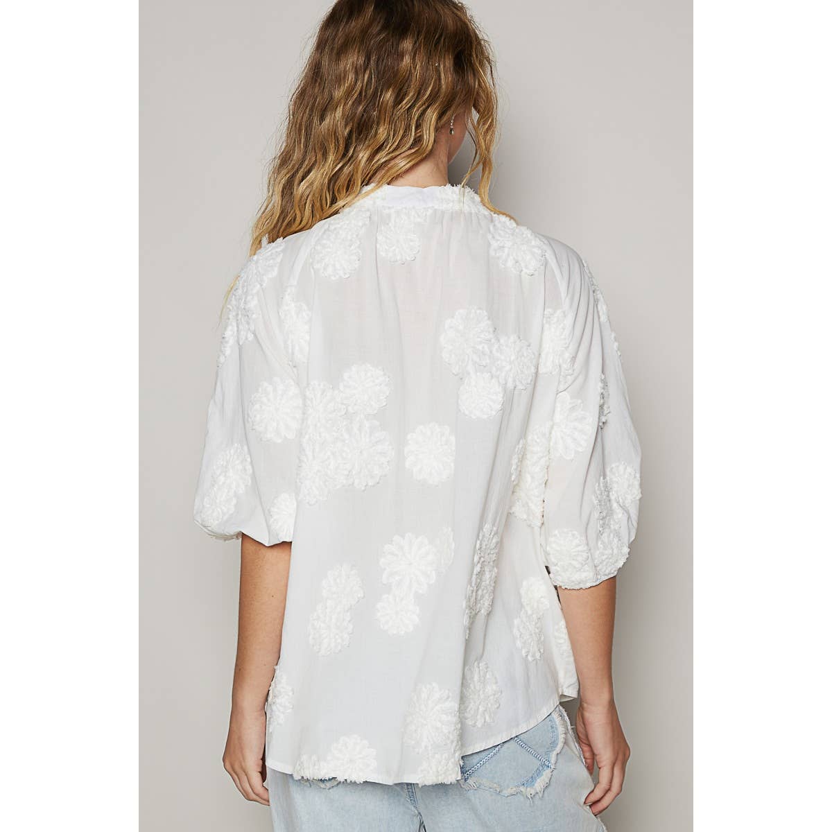 Floral embroidered short sleeve button down top
