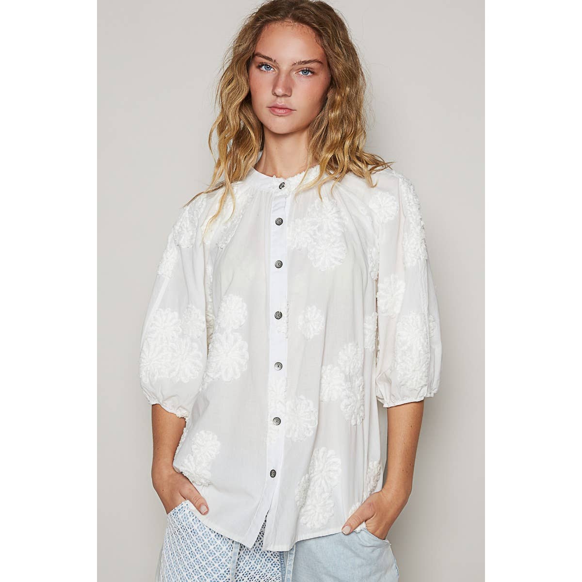 Floral embroidered short sleeve button down top