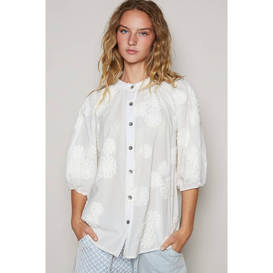 Floral embroidered short sleeve button down top