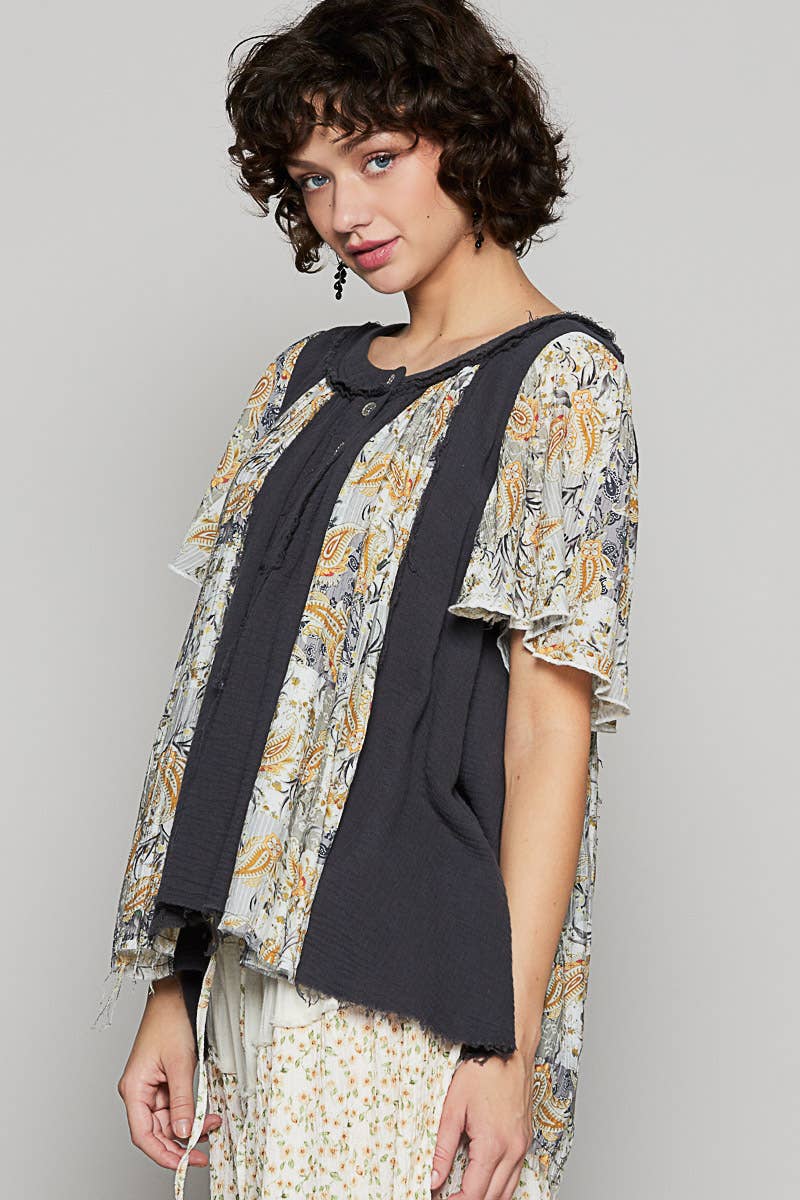 Round neck ruffle short sleeve printed woven top