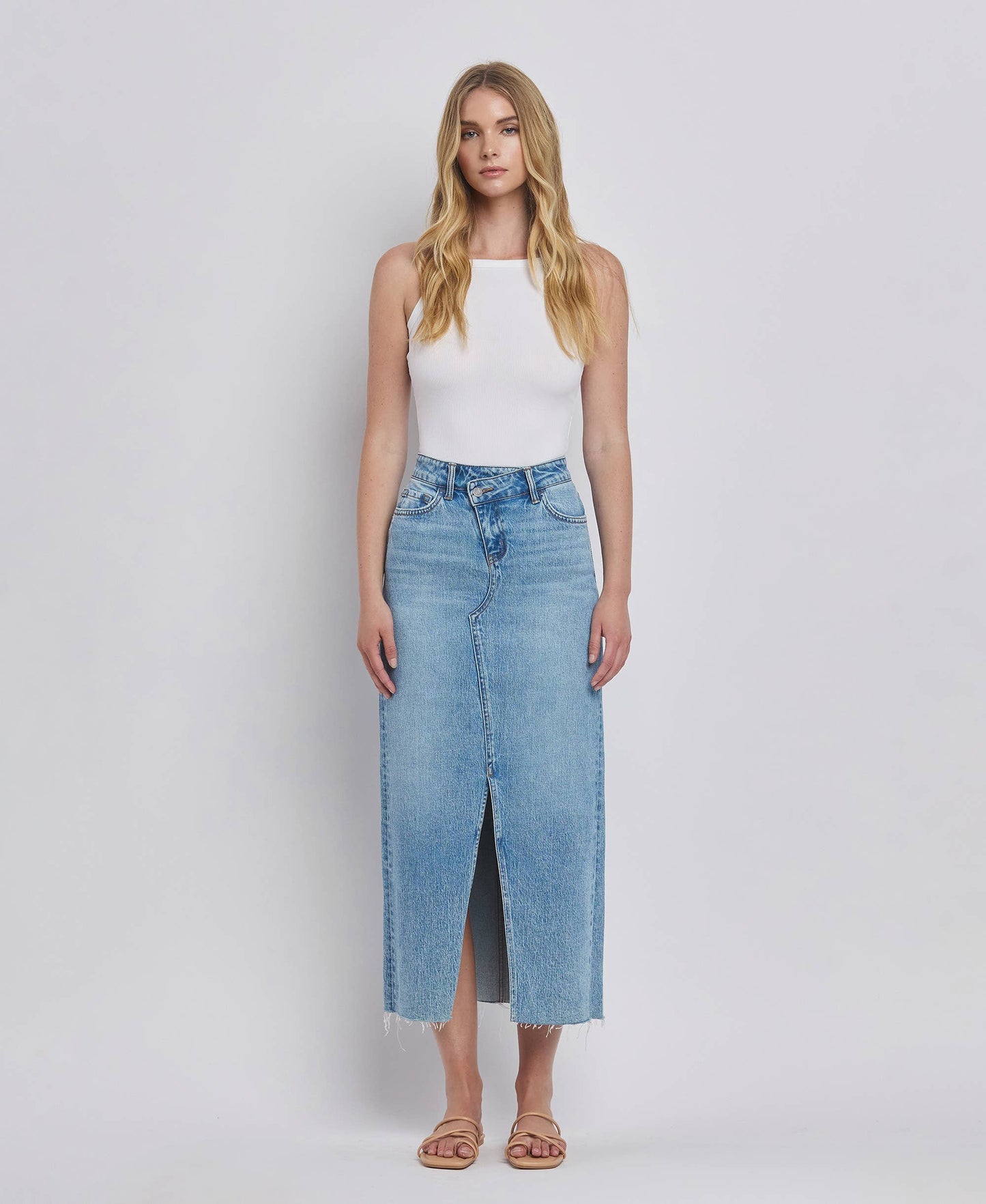 CRISS CROSS FRONT SLIT MAXI DENIM SKIRT T6490