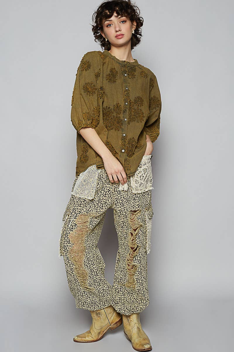 Floral embroidered short sleeve button down top