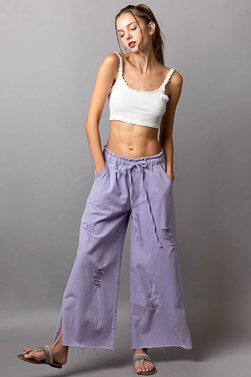 Wide leg drawstring elastic waist distressed denim pants