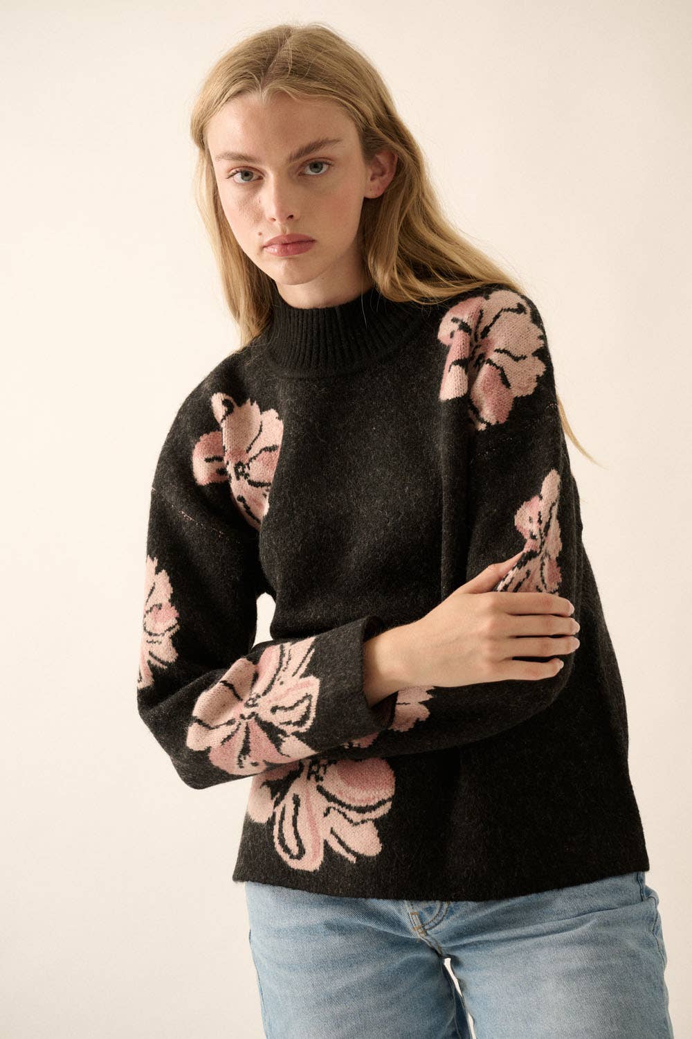 Floral-Pattern Knit Mock-Neck Sweater