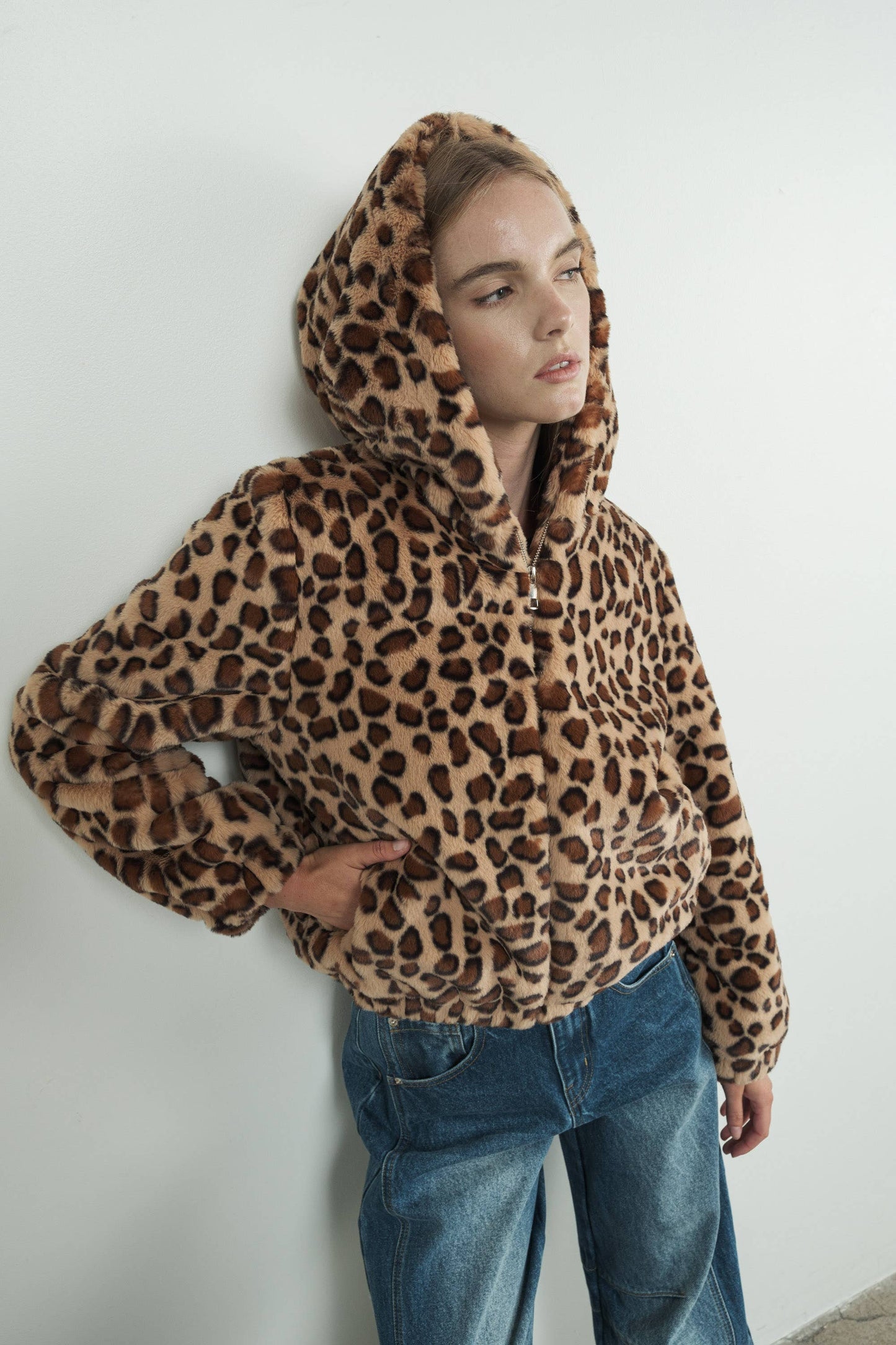 LEOPARD PRINT FAUX FUR HOODIE JACKET