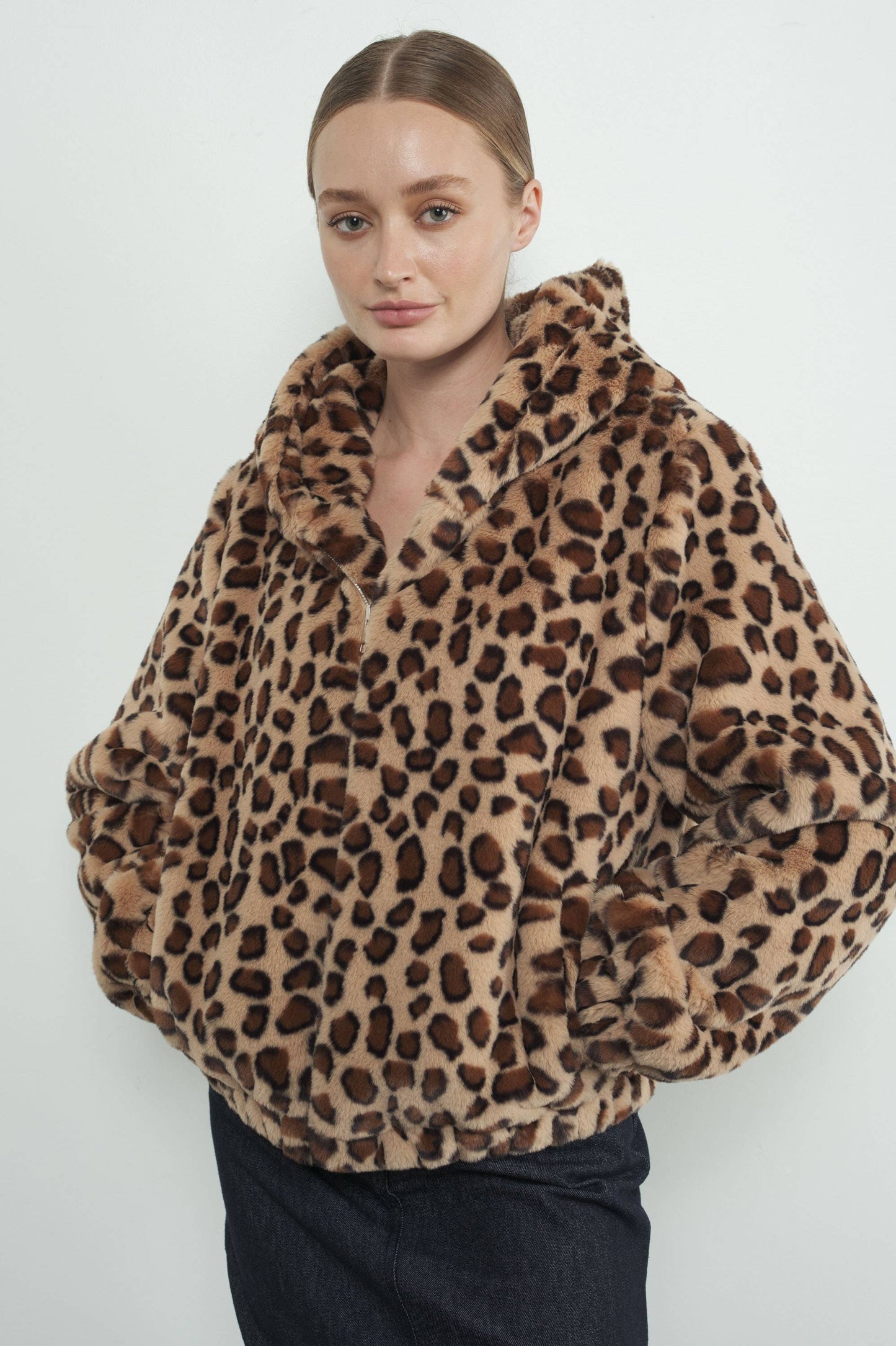 LEOPARD PRINT FAUX FUR HOODIE JACKET