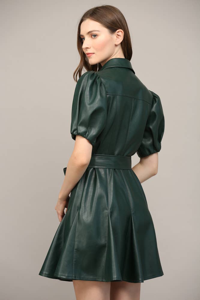 PANELLED FAUX LEATHER WAIST TIE PUFF SLEEVE FLARE DRESS