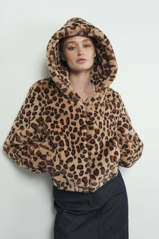 LEOPARD PRINT FAUX FUR HOODIE JACKET