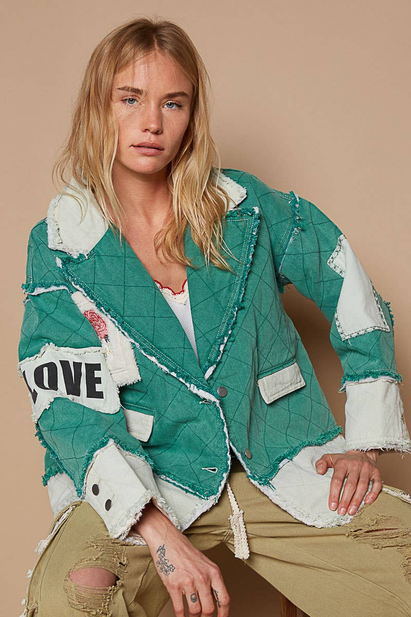 Colorblocked twill patch studded back heart jacket