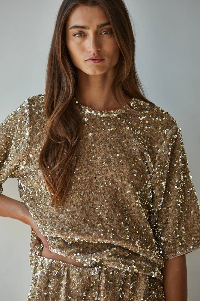 Woven Polyester Spandex Sequin Top
