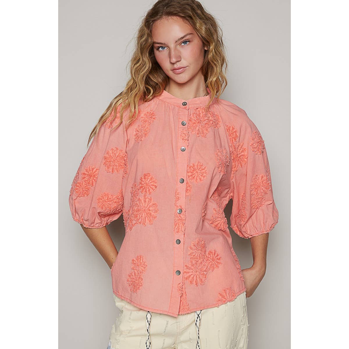 Floral embroidered short sleeve button down top