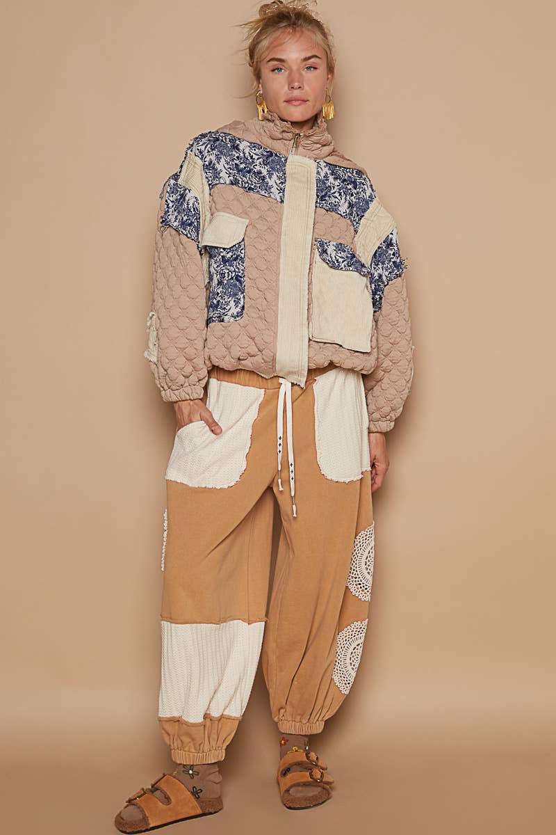 Oversize floral print contrast qulited jacket