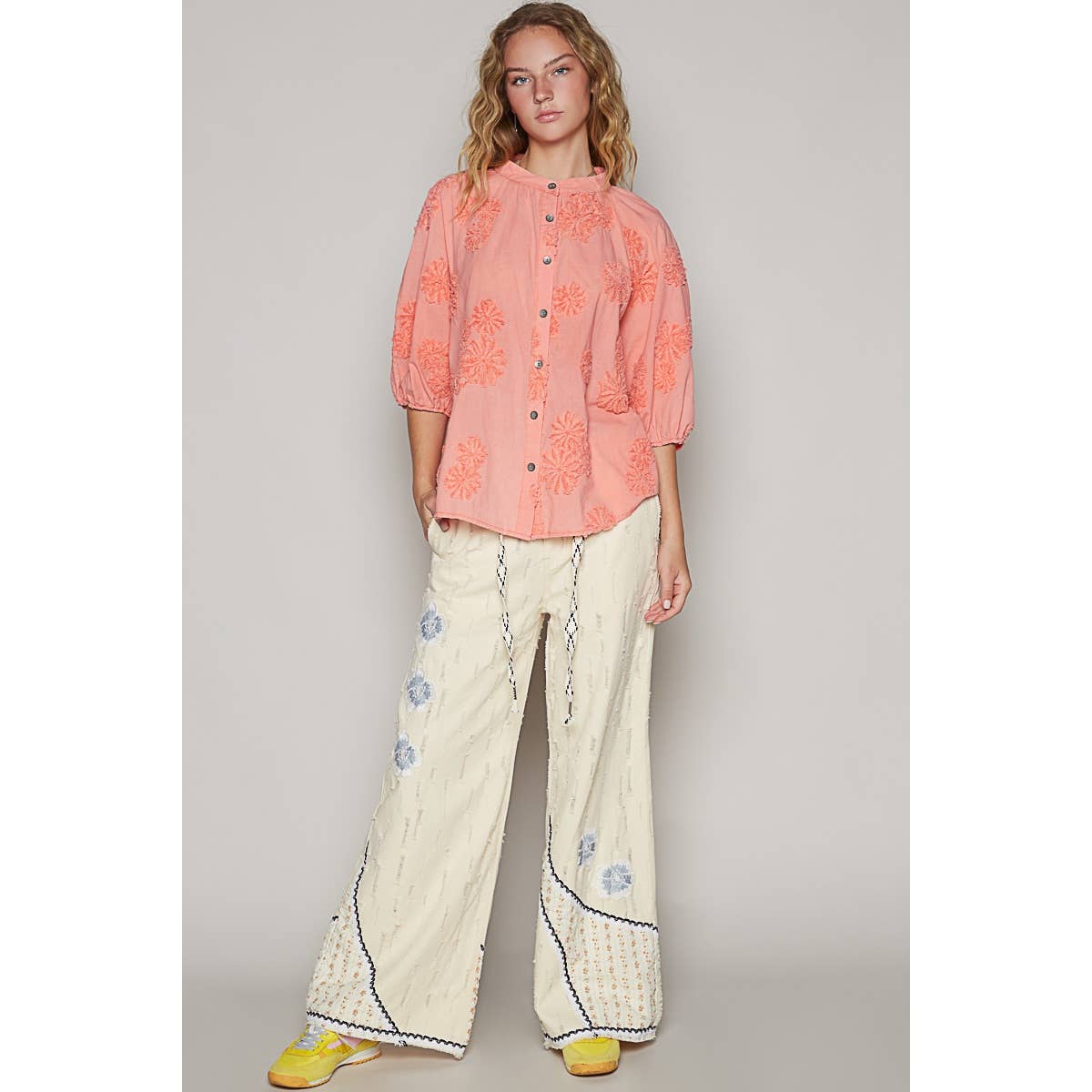 Floral embroidered short sleeve button down top