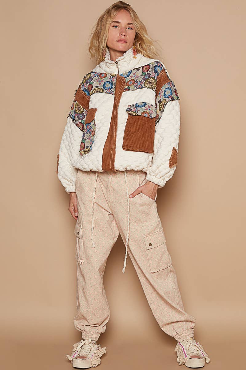 Oversize floral print contrast qulited jacket