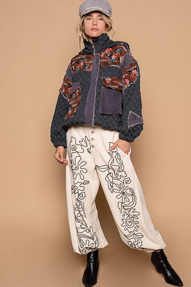 Oversize floral print contrast qulited jacket