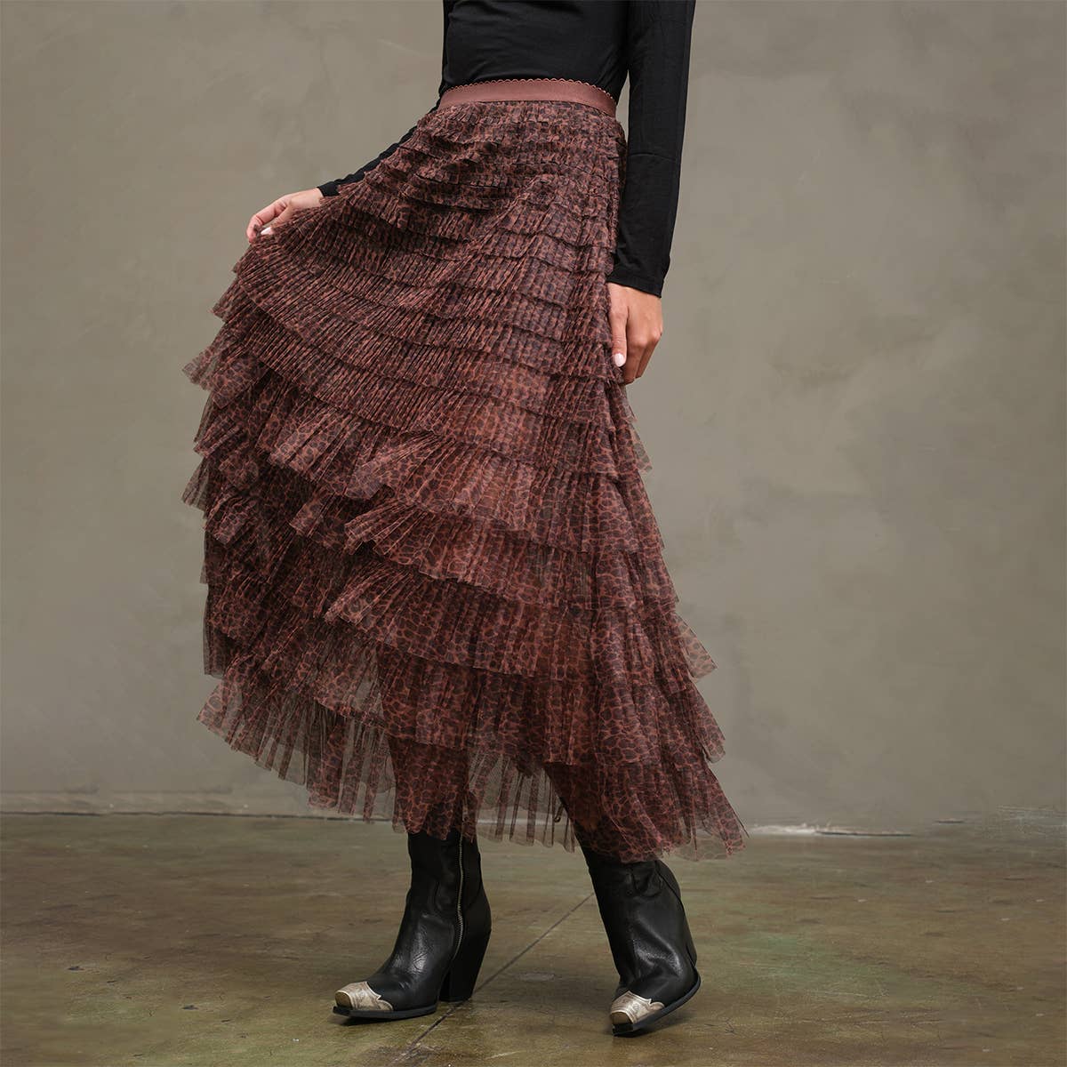 Leopard Mesh Tiered Skirt with Elastic Waist - RS1039