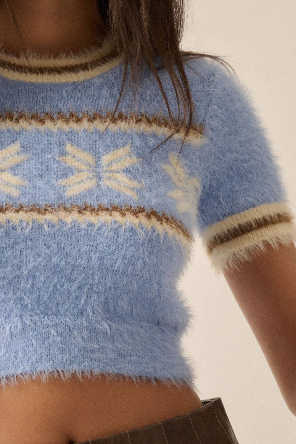 Alpine Fuzzy Knit Cropped Short-Sleeve Sweater