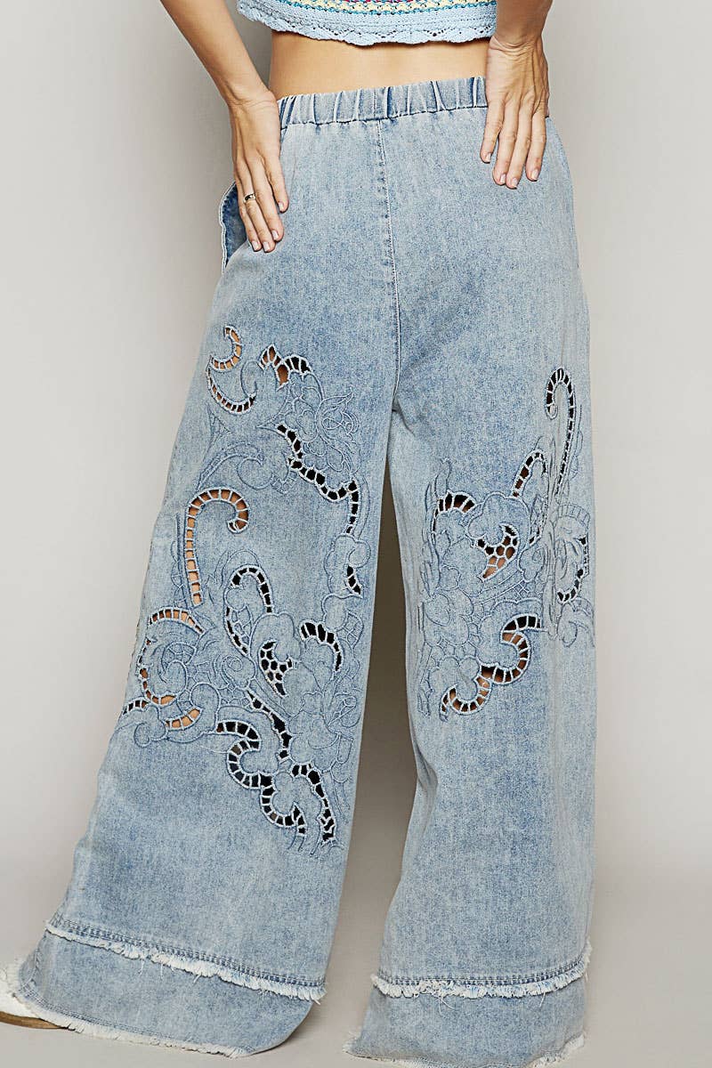 Vintage washing outseam woven twill wide pants