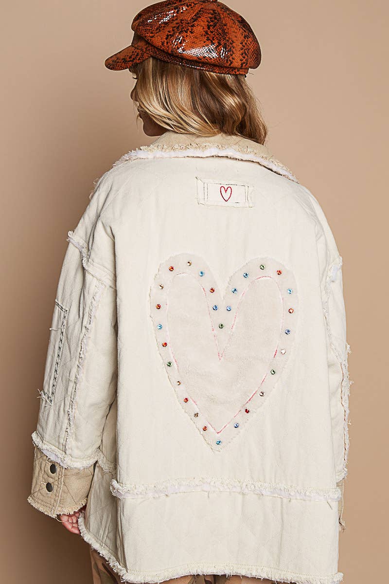 Colorblocked twill patch studded back heart jacket