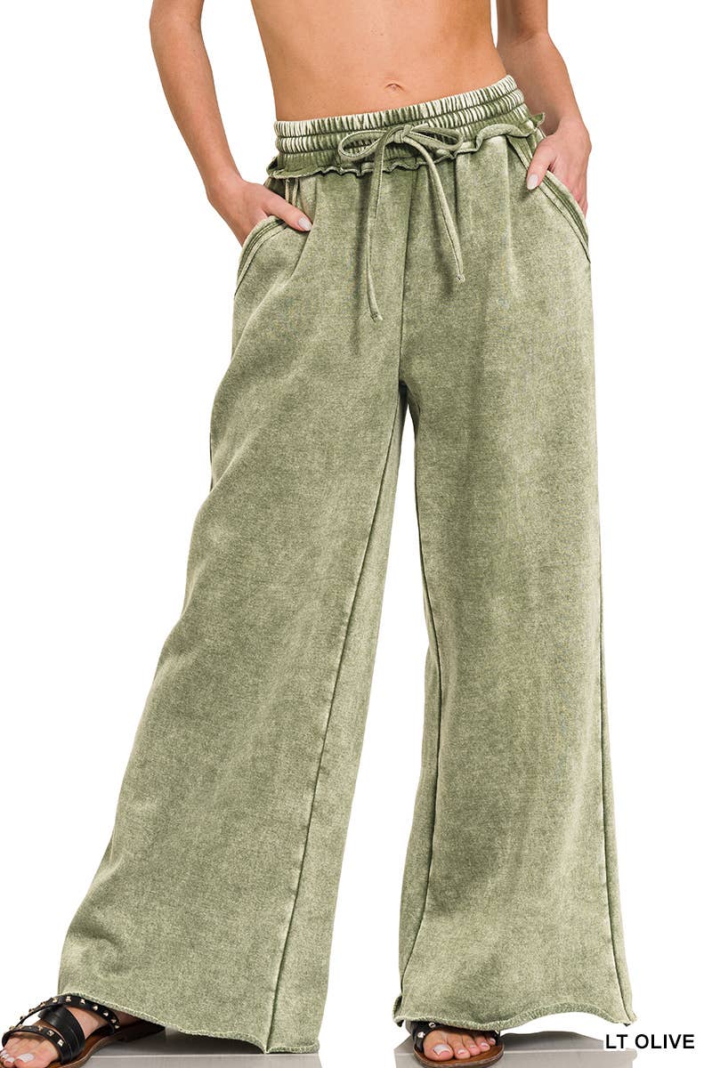 Acid Wash Fleece Palazzo Sweatpants With Pockets