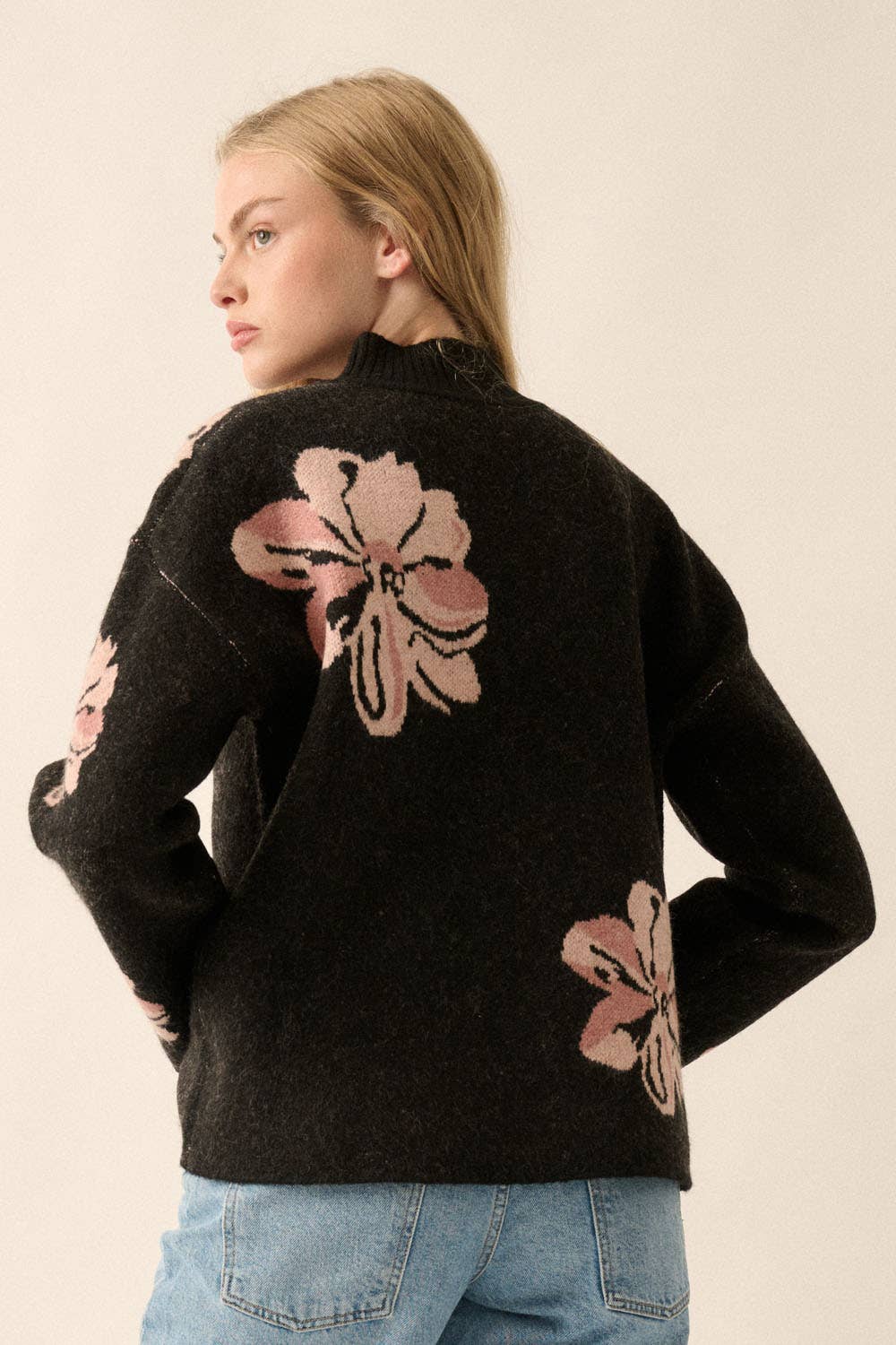 Floral-Pattern Knit Mock-Neck Sweater