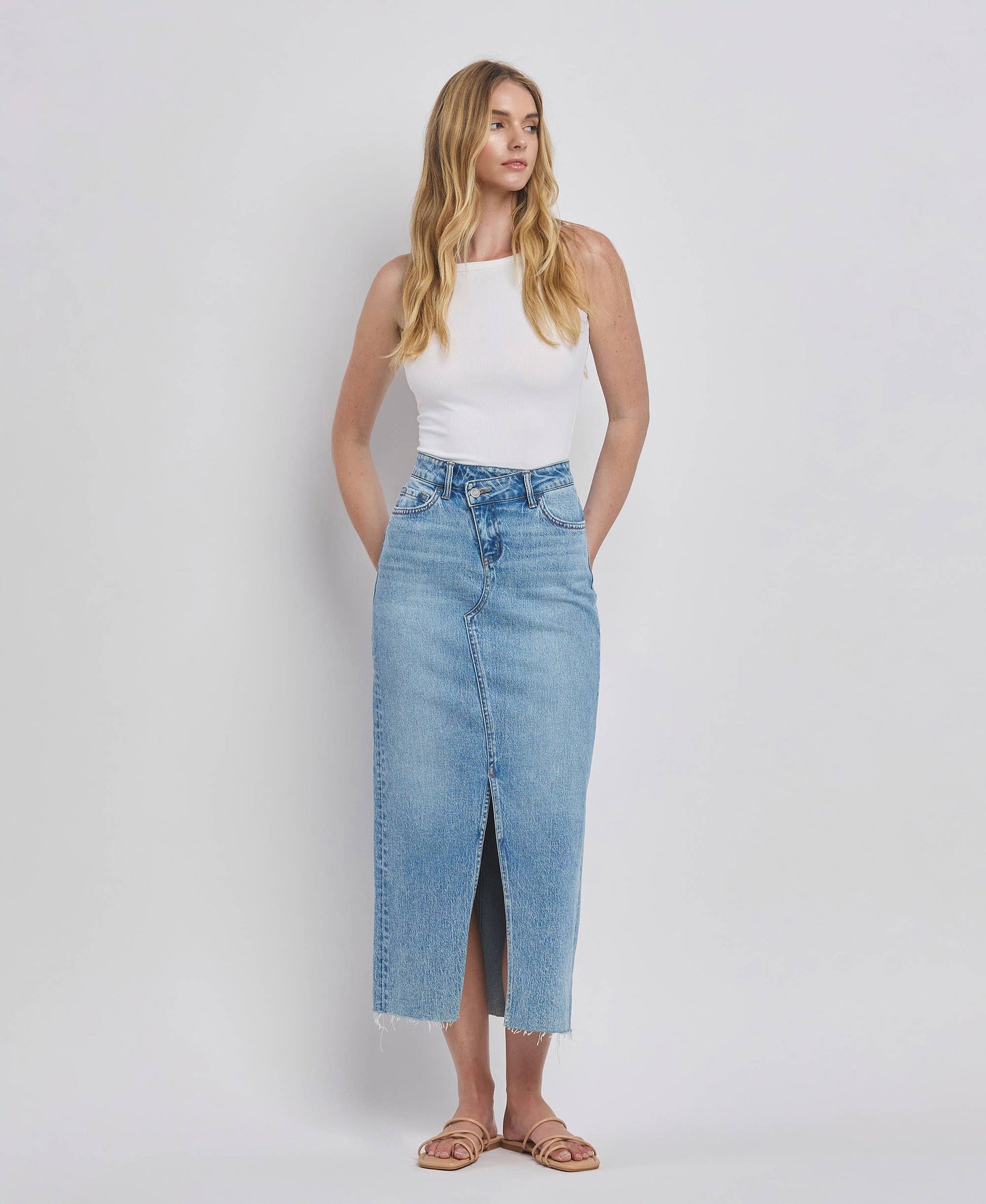 CRISS CROSS FRONT SLIT MAXI DENIM SKIRT T6490