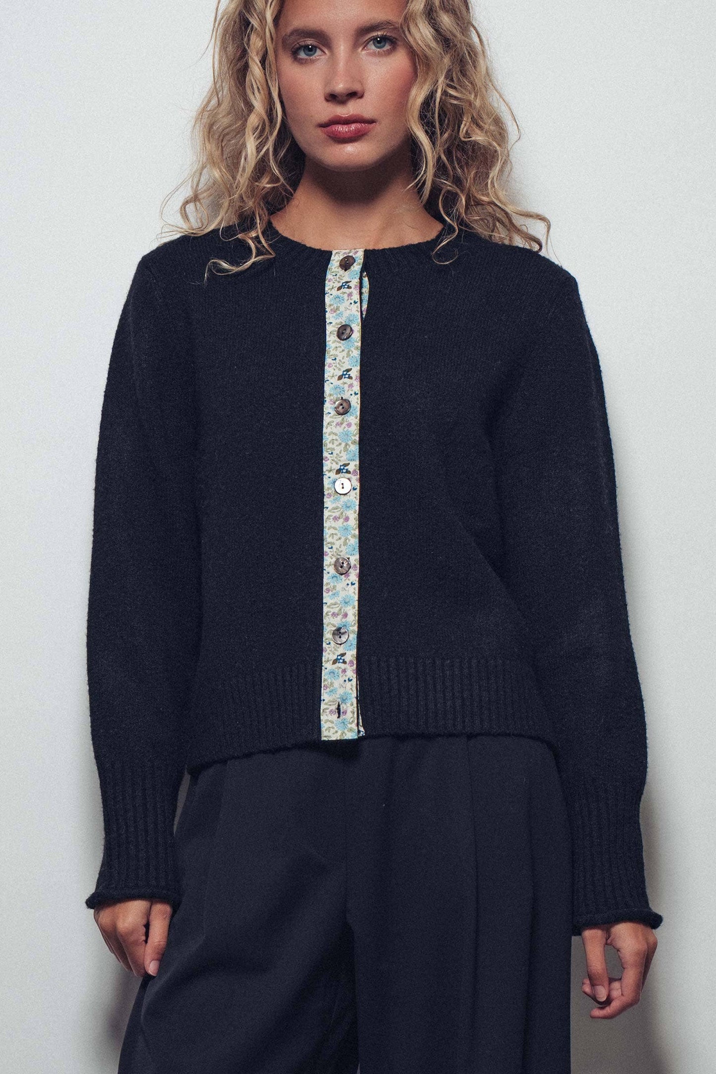 Floral Trim Wool Blend Cardigan