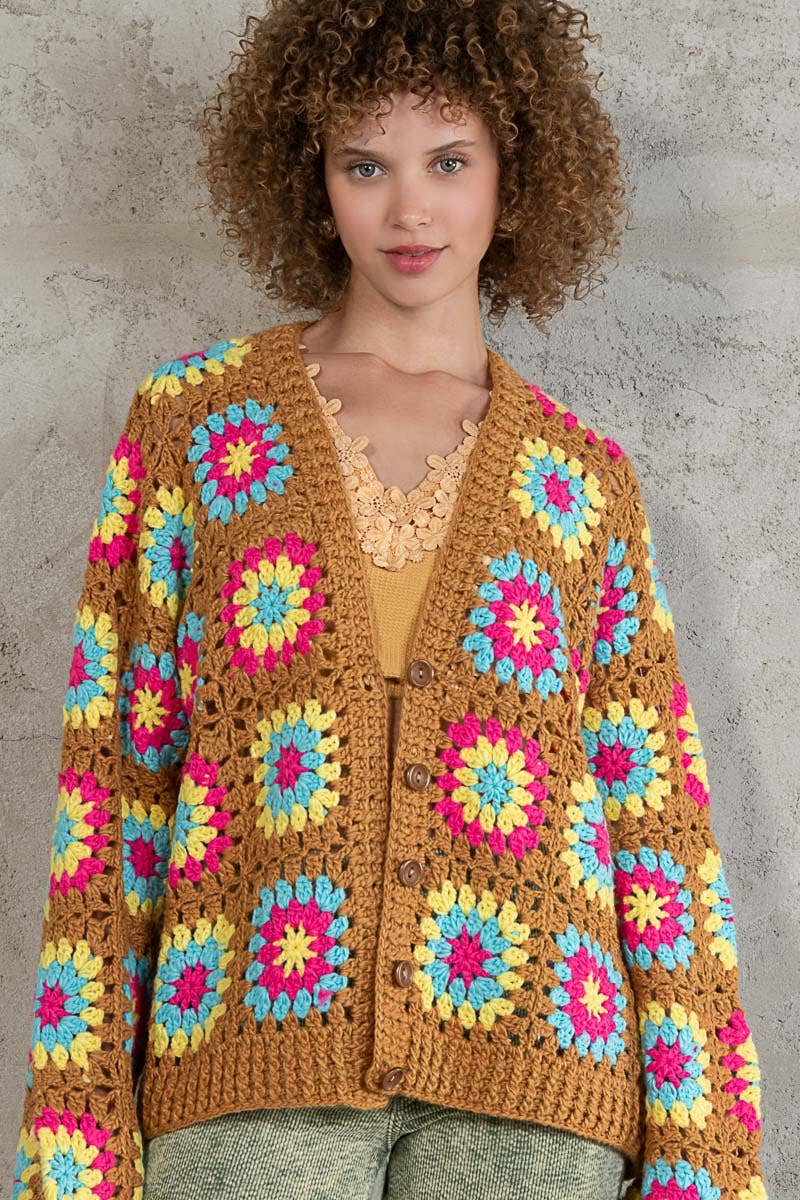 Button hand knit granny square patch cardigan sweater