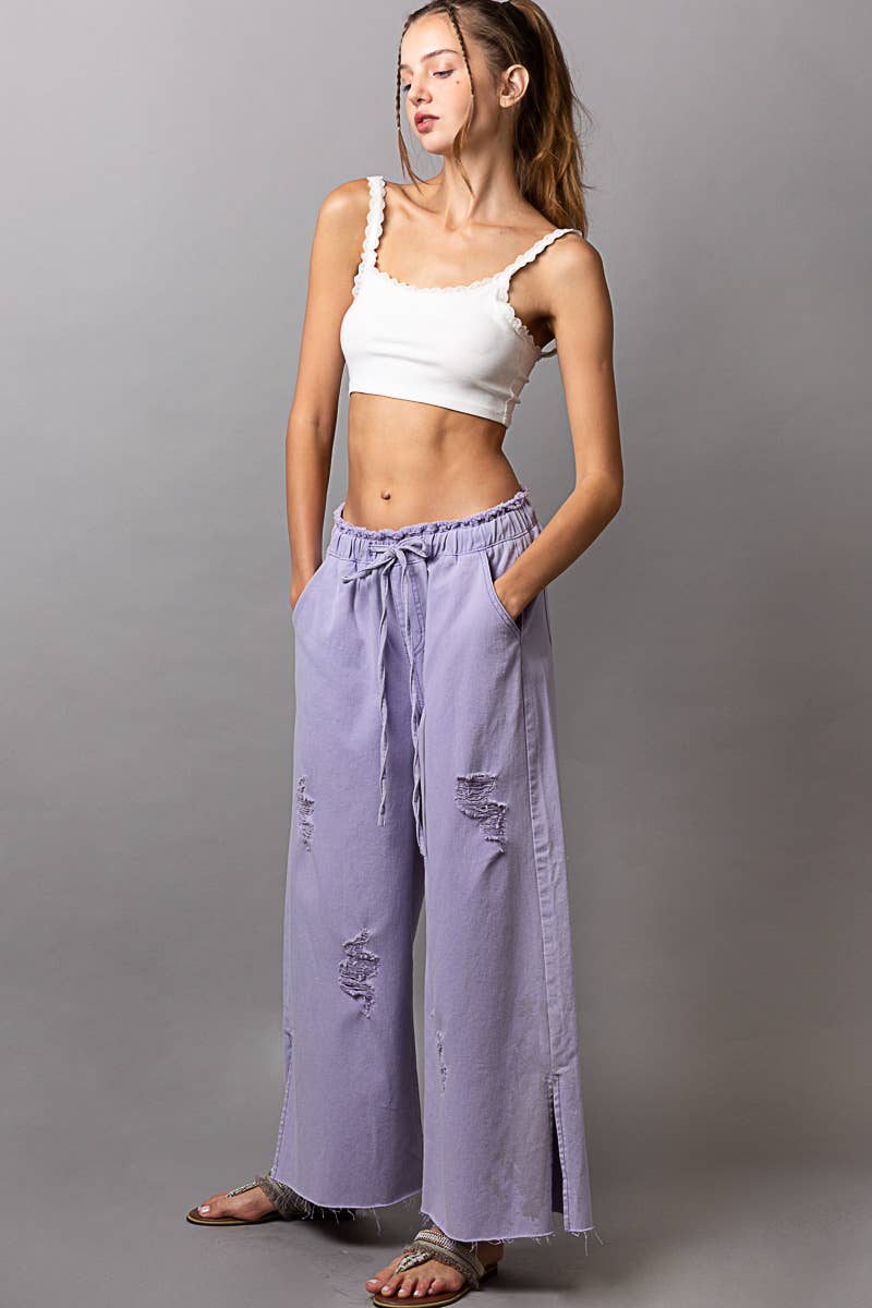 Wide leg drawstring elastic waist distressed denim pants