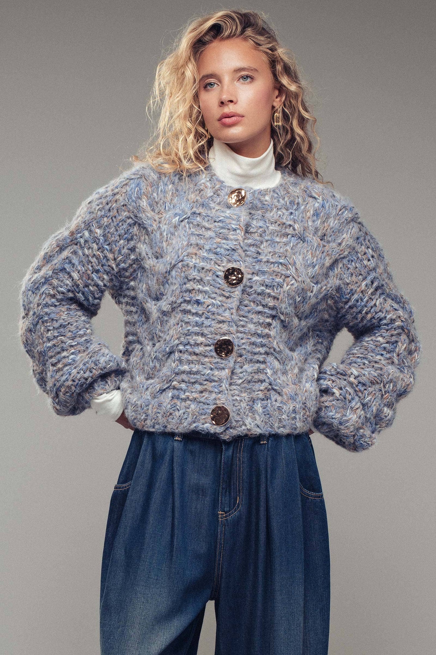 Chunky Marled Knit Gold Button Cardigan