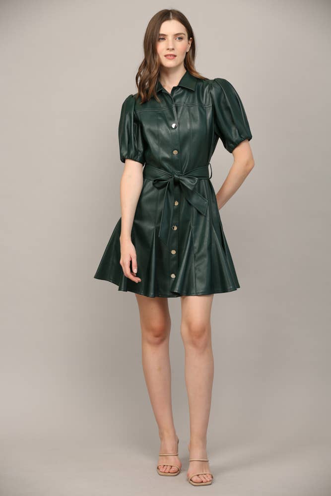 PANELLED FAUX LEATHER WAIST TIE PUFF SLEEVE FLARE DRESS