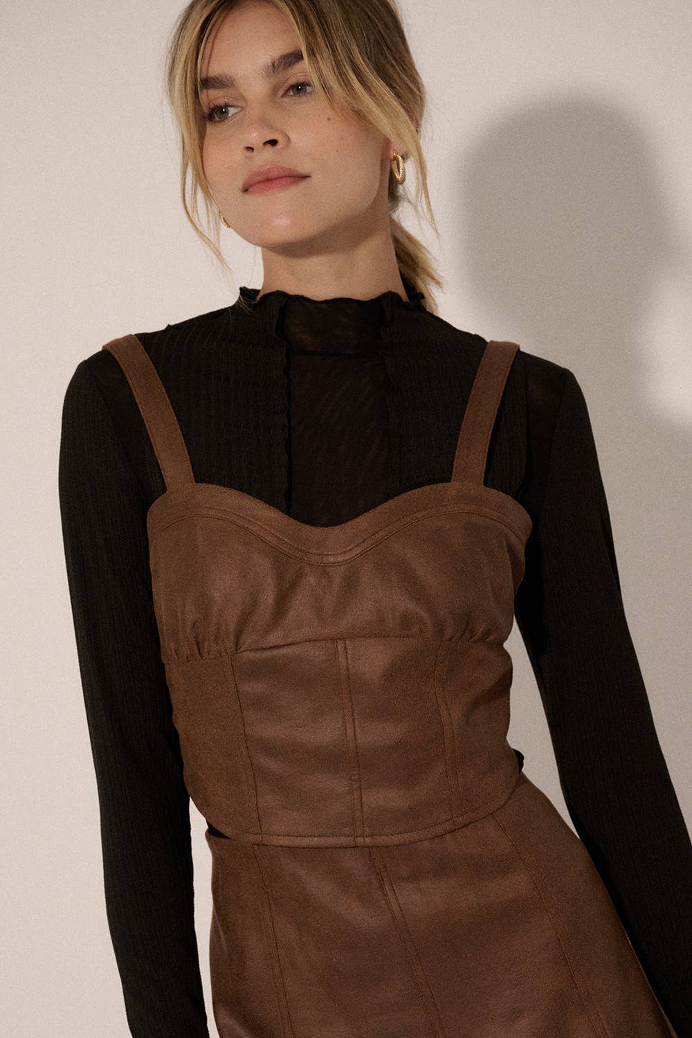 Faux Leather Sweetheart Neck Zipper Back Crop Top