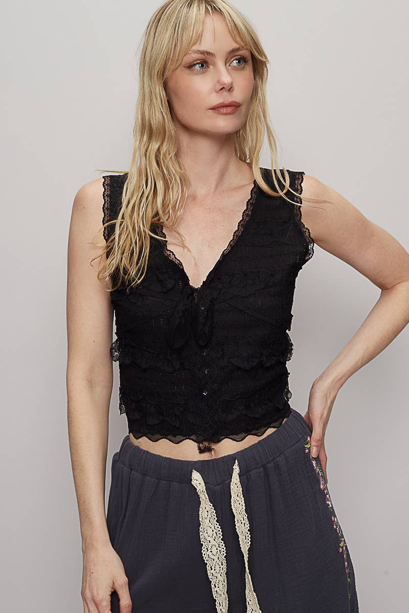 V-neck sleeveless cropped woven lace top