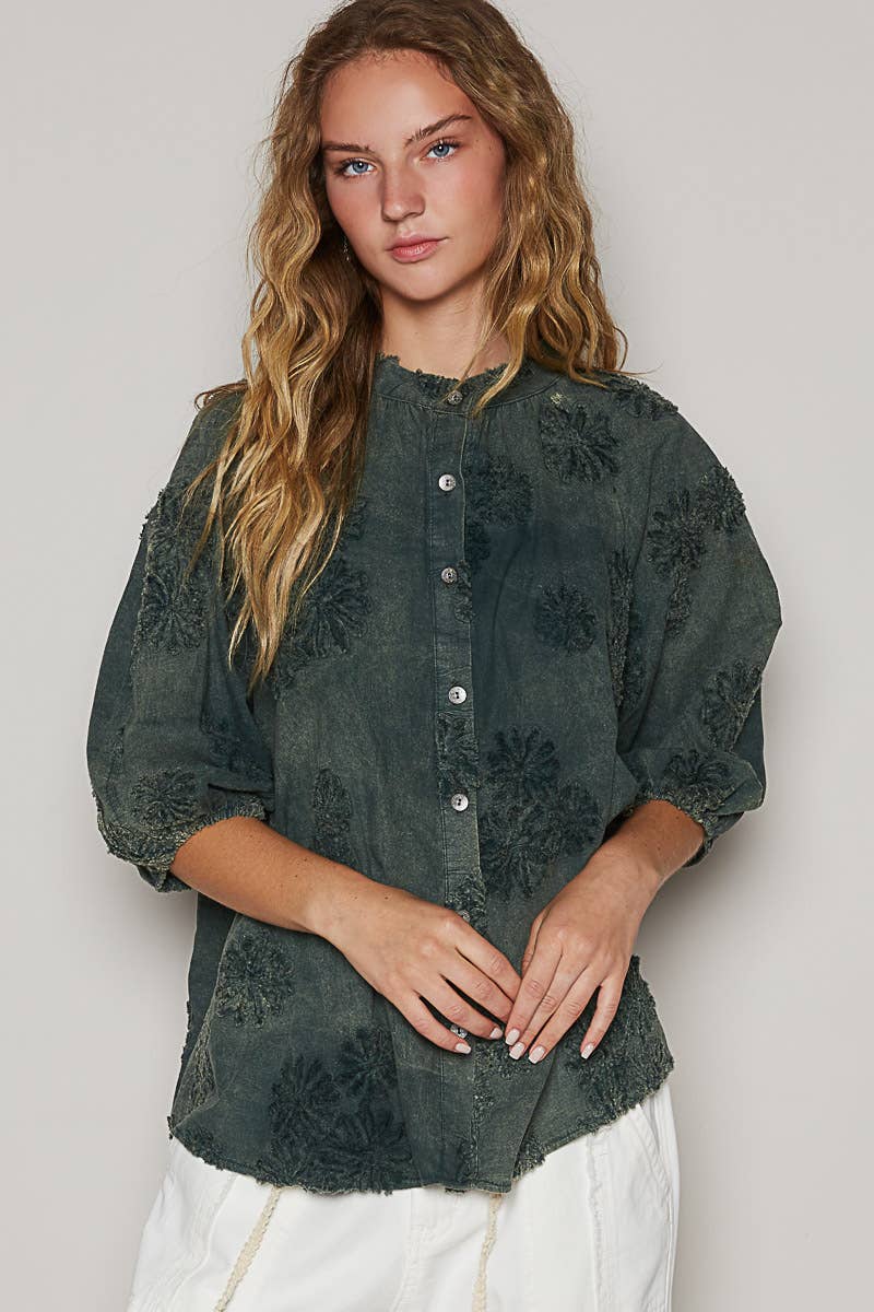 Floral embroidered short sleeve button down top