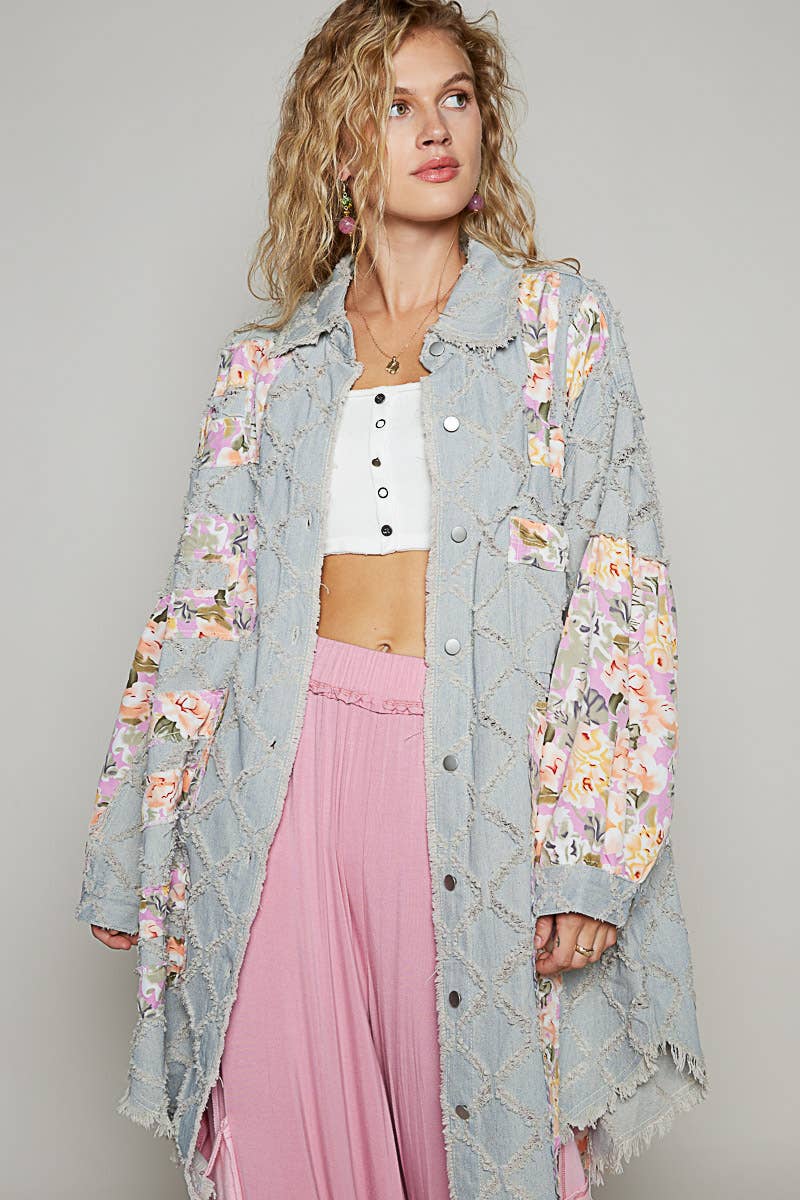 Contrast floral print frayed texture button down shacket