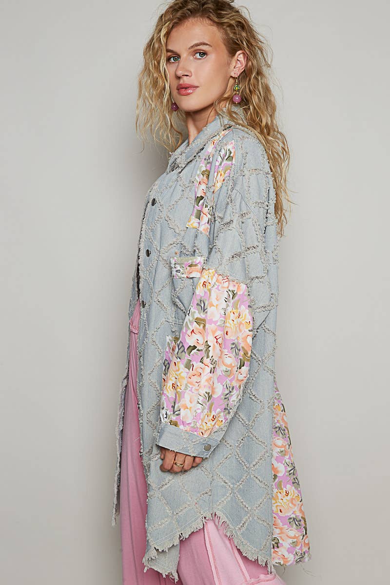 Contrast floral print frayed texture button down shacket