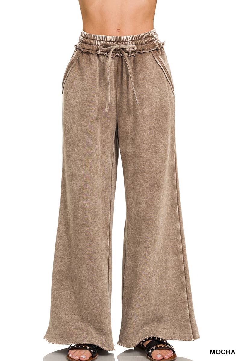 Acid Wash Fleece Palazzo Sweatpants With Pockets