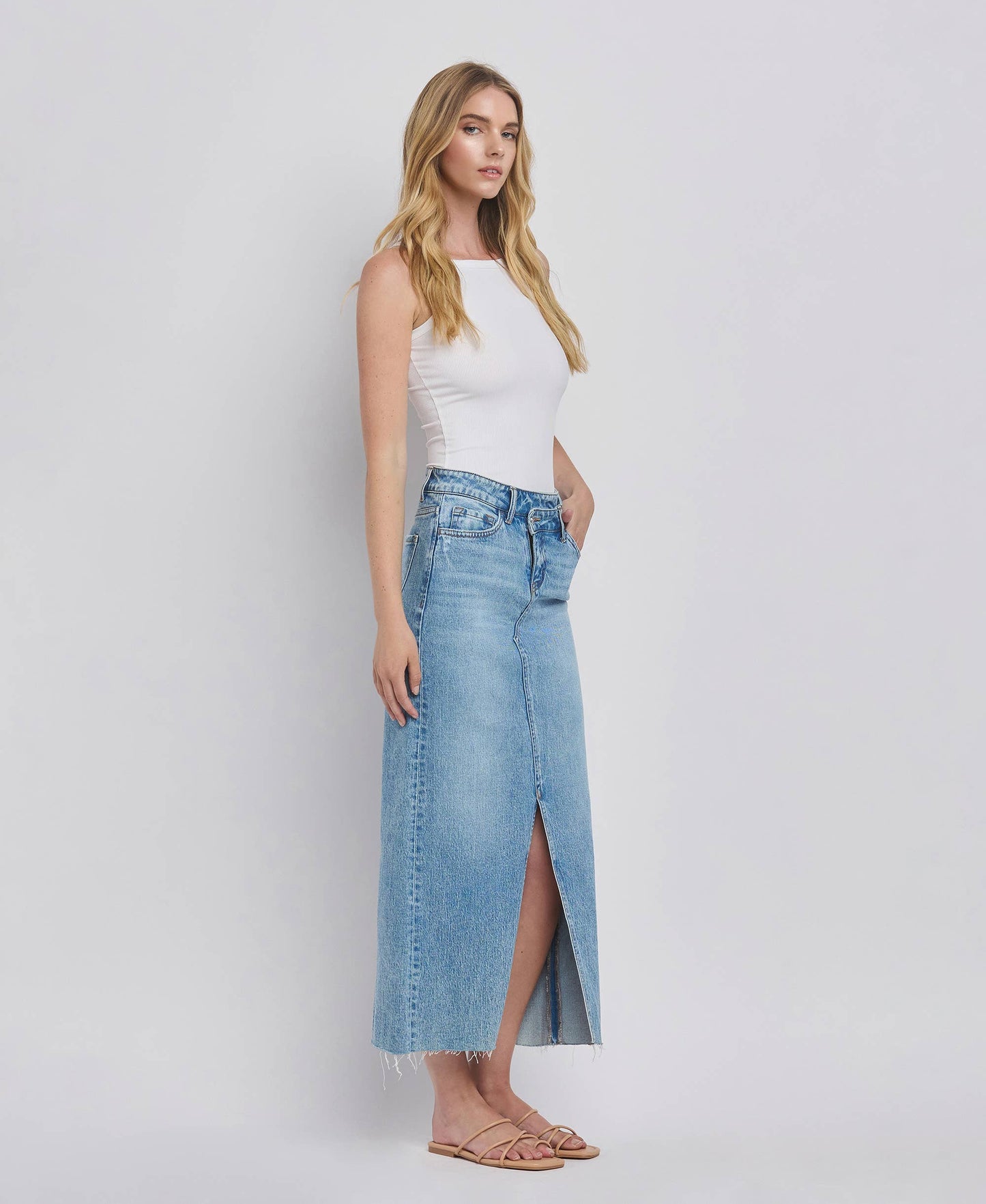 CRISS CROSS FRONT SLIT MAXI DENIM SKIRT T6490